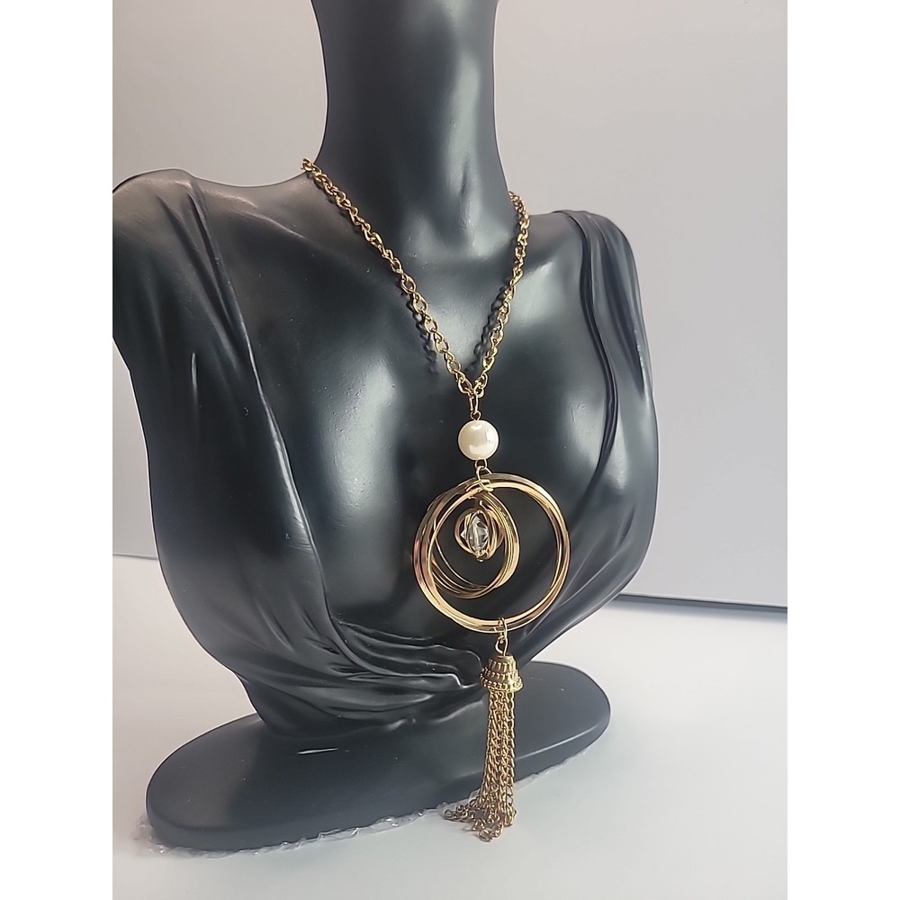 Gold Tone Circle Pendant Tassel Necklace Faux Pearl Abstract Modern‎ Statement